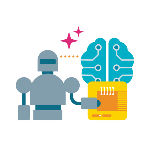 Illustration of a grey robot connected to a blue brain with circuit lines and a yellow microchip, with pink sparkles above.