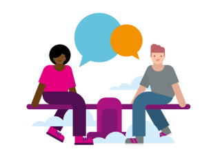 Illustration of a couple sitting on a balance beam surrounded by soft blue clouds, with two large speech bubbles above them.