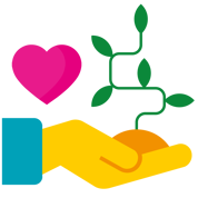 Illustration of a hand holding a green plant with five leaves and a fuchsia heart above.